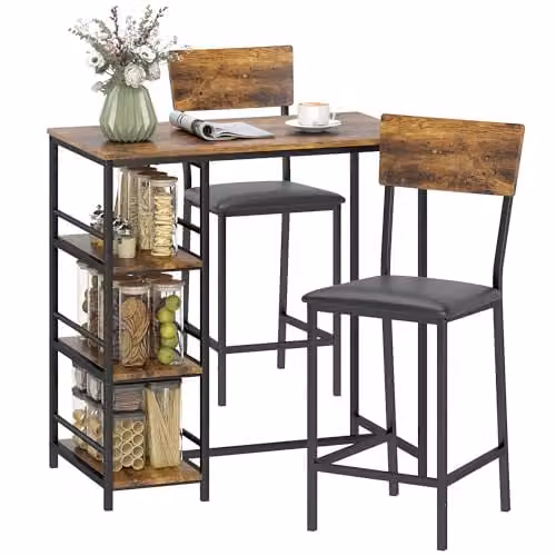 HOMCOM 3 Piece Industrial Breakfast Bar Table Set with Storage and Padded Seats in Rustic Brown – 1