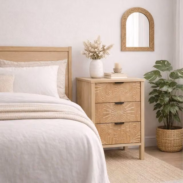 Birlea Boho Abstract Oak Bedside Cabinet in Brown and Beige