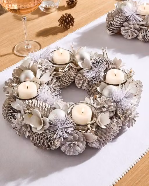 Dibor White Frosted Round Glass Tealight Holder and Christmas Table Centrepiece, Diameter: 30 cm