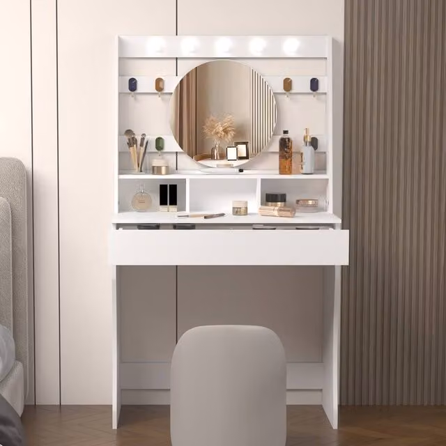 KEEPREAPER Modern White Dressing Table with Hollywood LED Lights, W/D/H: 140 x 80 cm