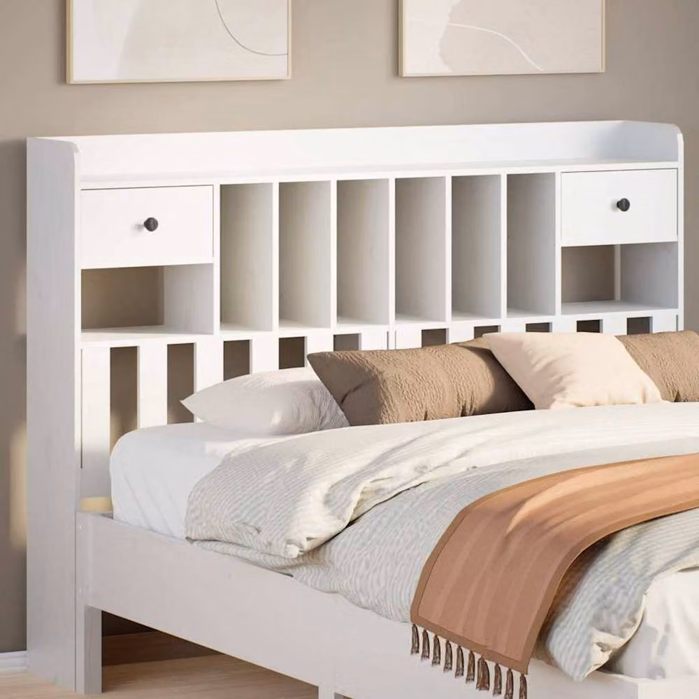 Berkfield Home White Solid Wood Pine Headboard with Integrated Storage Shelf, H: 110 cm, W: 166 cm, D: 23 cm – 2