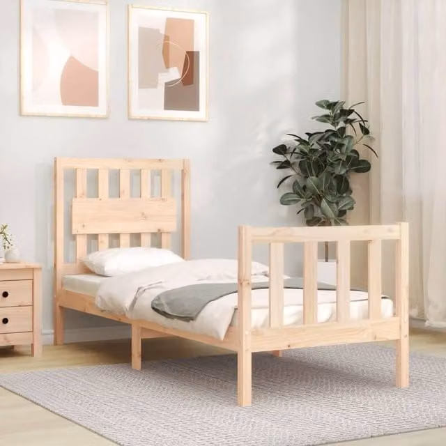 Berkfield Home Small Single Solid Wood Bed Frame with Headboard in Brown Pine, W/D/H: 80 x 160 cm