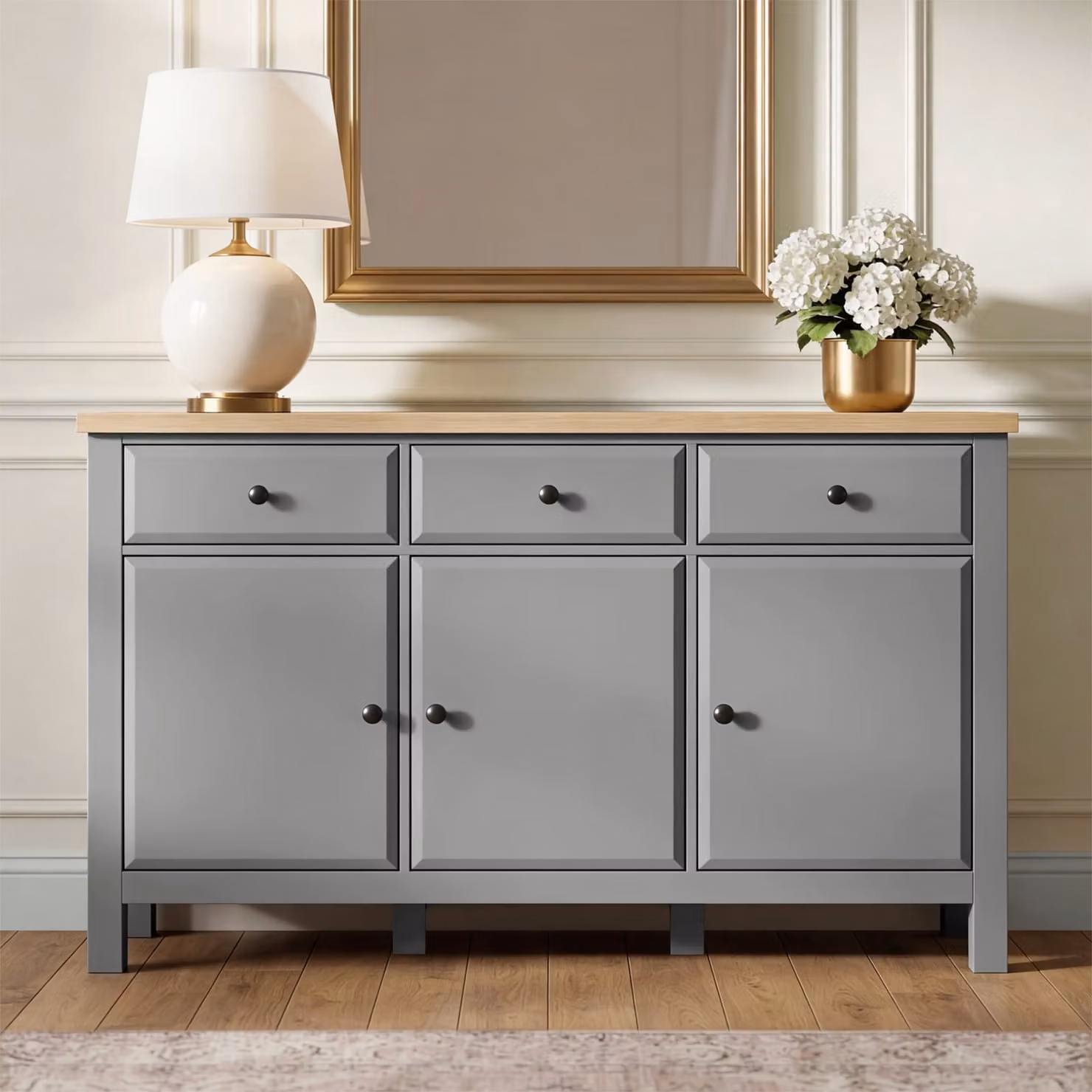 DHS Modern Grey and Black Sideboard with Oak Top and Metal Accents, W/D/H: 135 x 43 x 81 cm