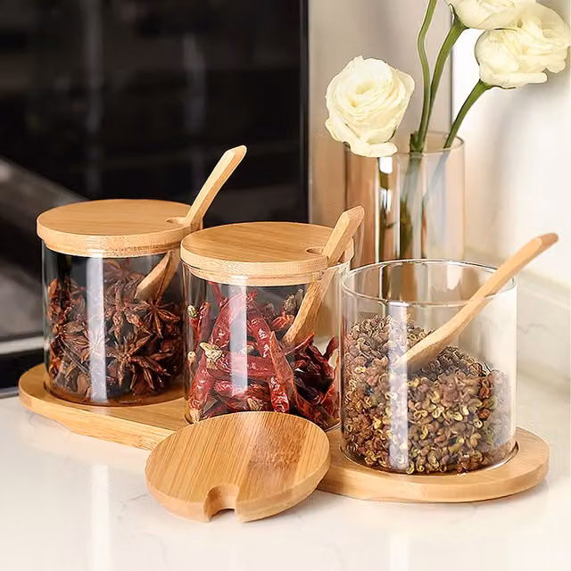 Lifeideas Set of 3 Transparent Glass Spice Jars with Bamboo Spoons and Rack in White