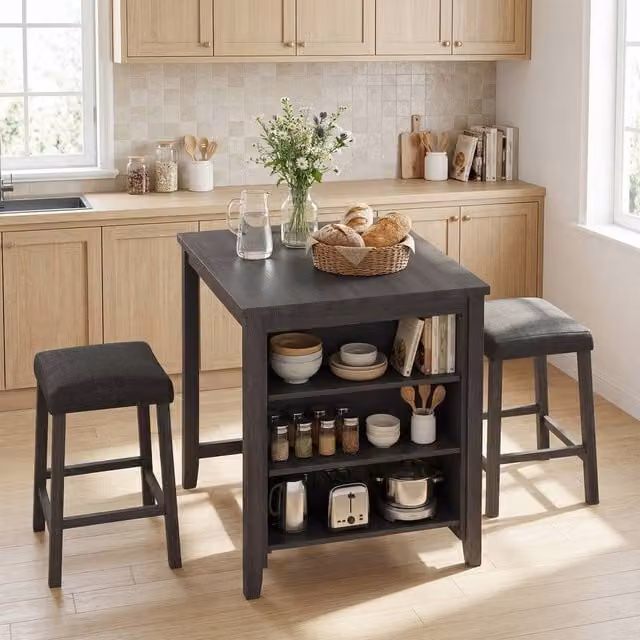 Costway 3-Piece Bar Table Set with 2 Stools and Power Outlet in Black