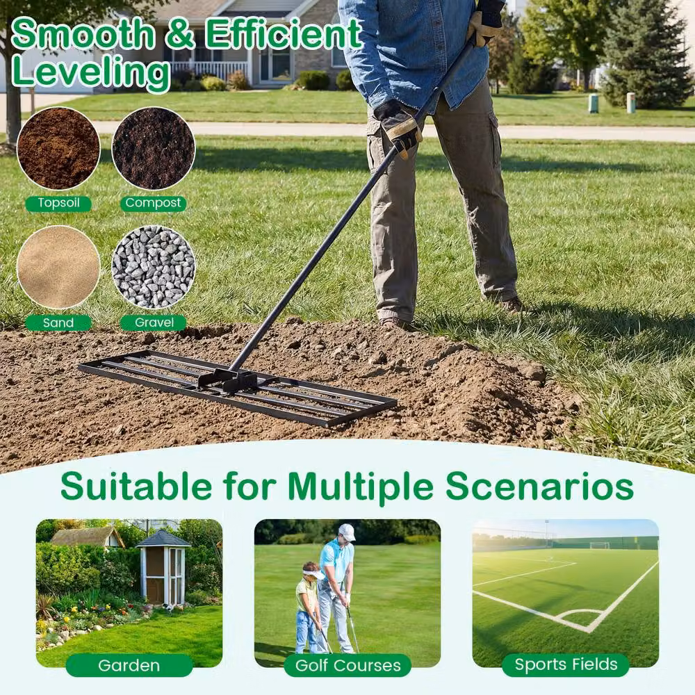 Gymax Metal Lawn Leveling Rake with Adjustable Long Handle in Black – 2