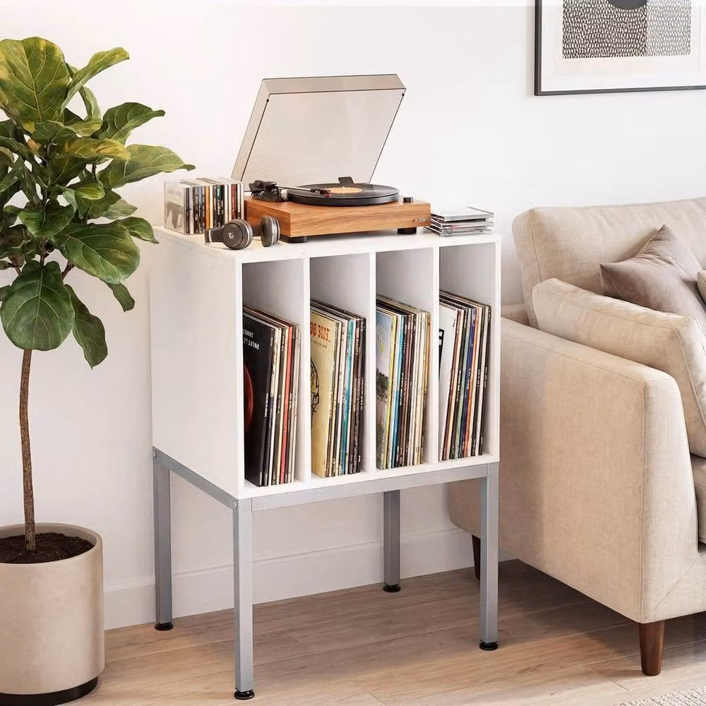 KORVIXA Modern White Turntable Stand with Vinyl Storage Shelves and Media Compartments W/D/H: 100 x 100 x 100 cm – 2