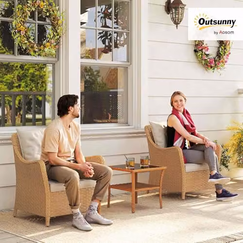 Outsunny Set of 2 Beige Rattan Garden Chairs with Cushions – 2