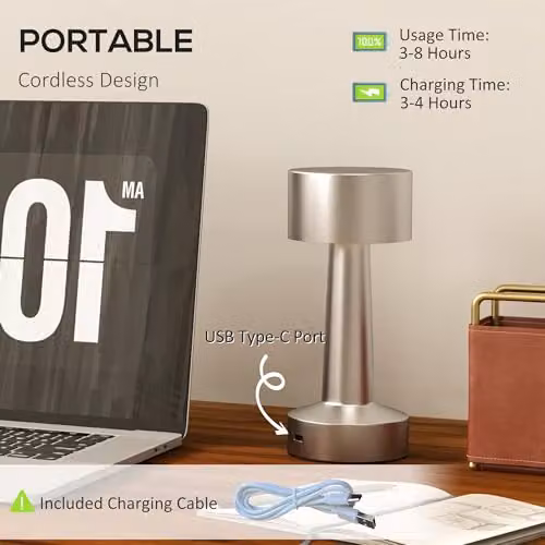 HOMCOM Rechargeable LED Cordless Table Lamp with Touch Control and 3 Colour Modes in Silver – 3
