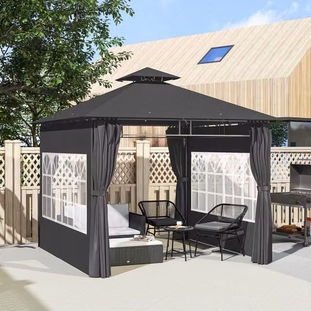 Outsunny Double Roof Garden Gazebo with Windows, Dark Grey, W/D/H: 300 x 300 x 300 cm