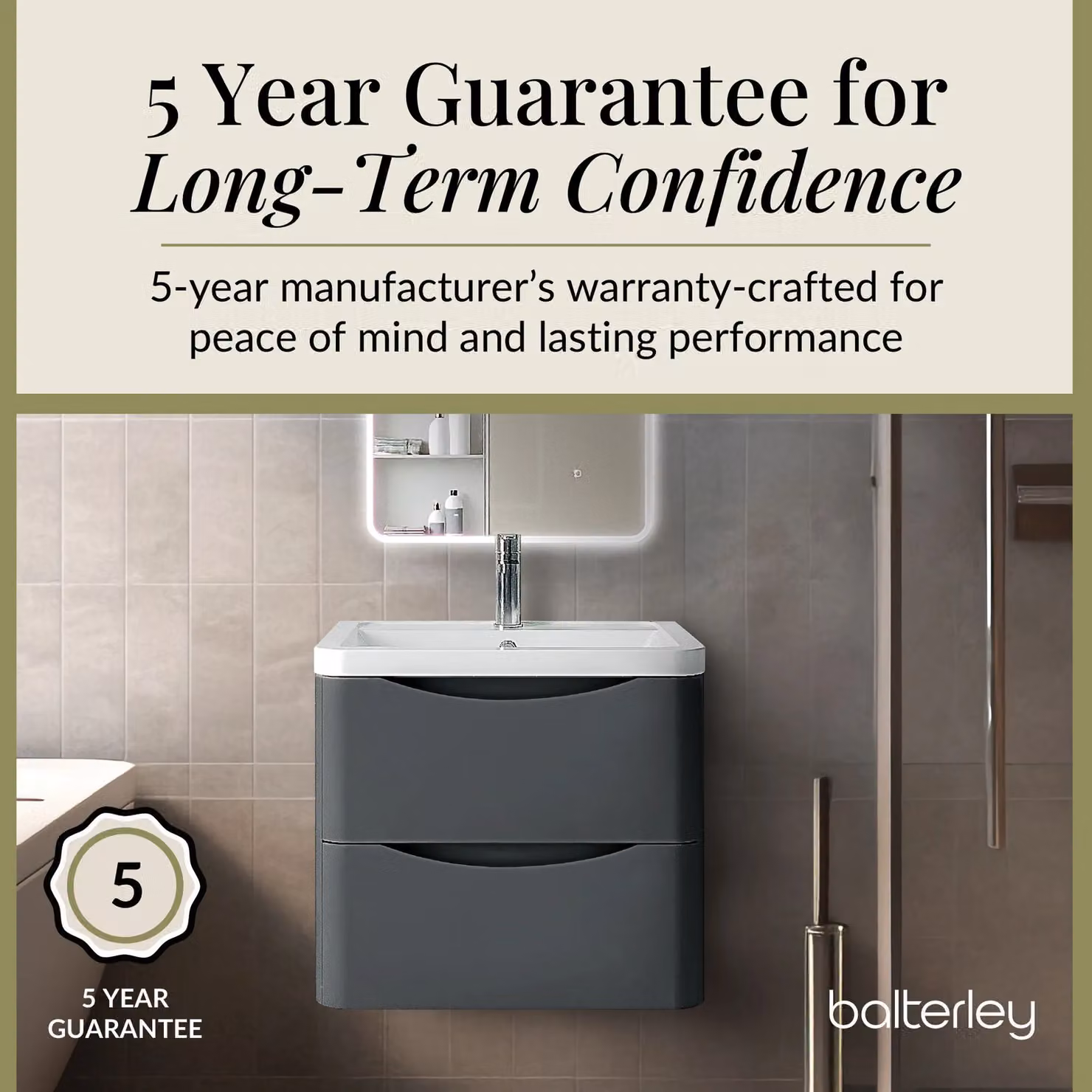 Balterley Wall Hung 2 Drawer Bathroom Vanity Unit and Basin, Dark Grey, W: 55 cm, D: 54 cm, H: 55 cm – 3