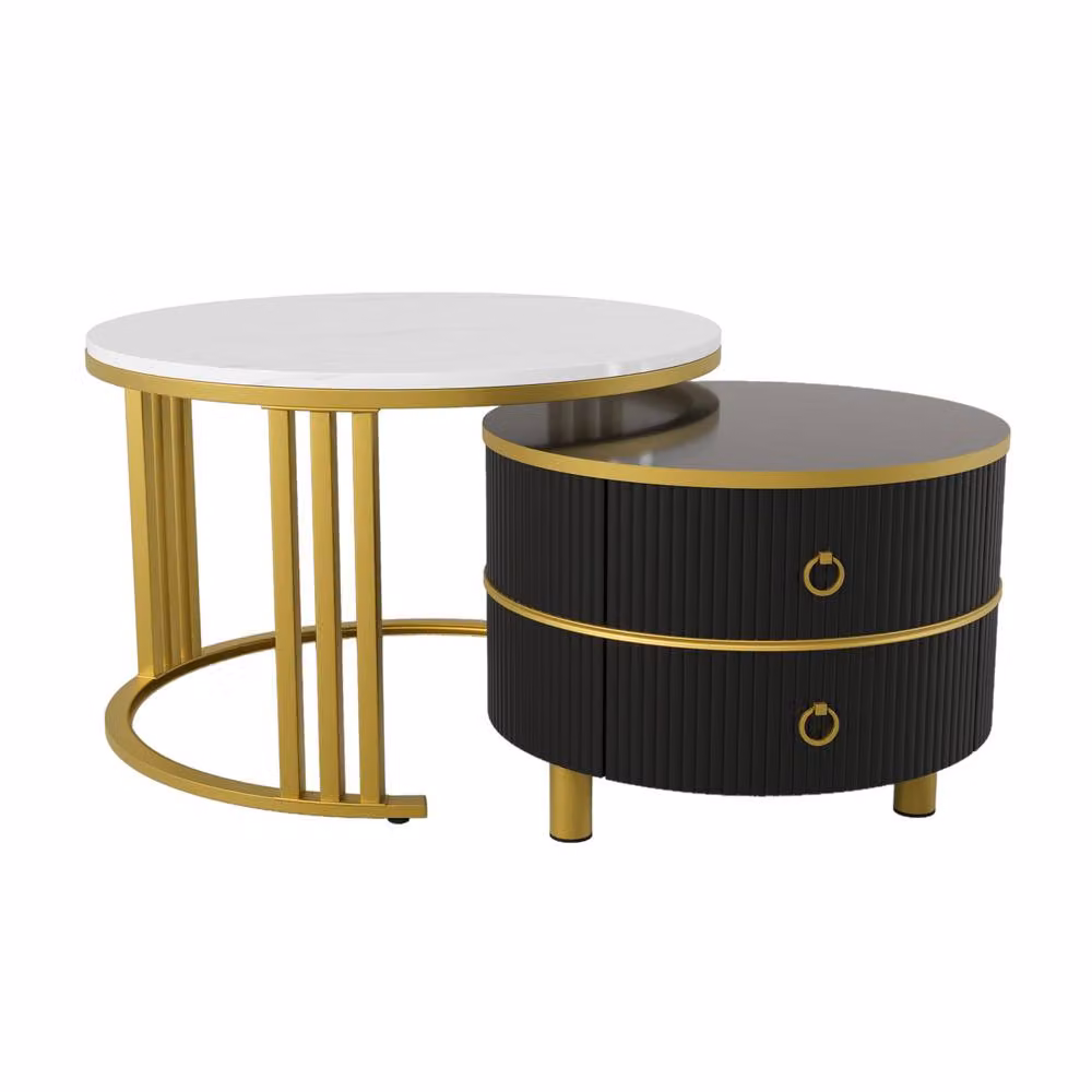 BTM 2-in-1 Round Coffee Table Set with Glossy Marble Top and 2 Drawers in Black – 3