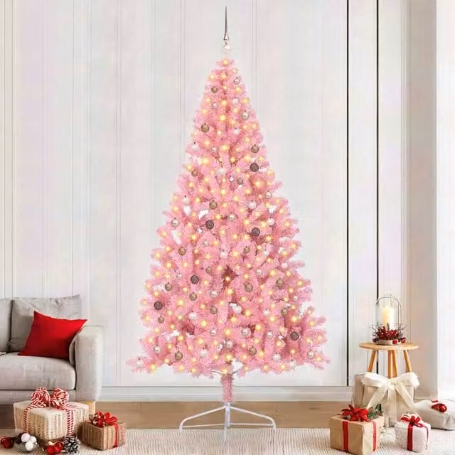 Berkfield Home Artificial Pre-lit Christmas Tree with 300 LEDs, Pink, Height: 240 cm