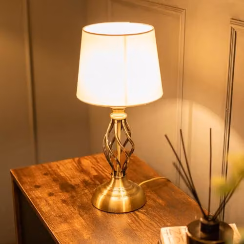 ValueLights Antique Brass Table Lamp with White Fabric Lampshade and LED Bulb – 3