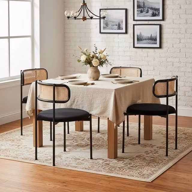 Rolipo Set of 4 Black Velvet Dining Chairs with Rattan Backrest and Metal Legs