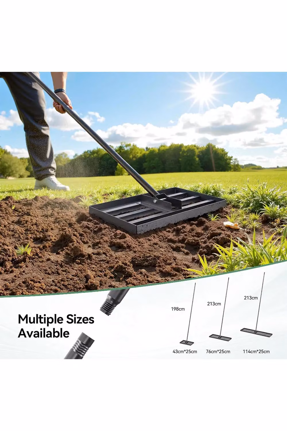 Living and Home Black Metal Lawn Levelling Rake with Detachable Handle and Serrated Tines for Soil and Grass – 2