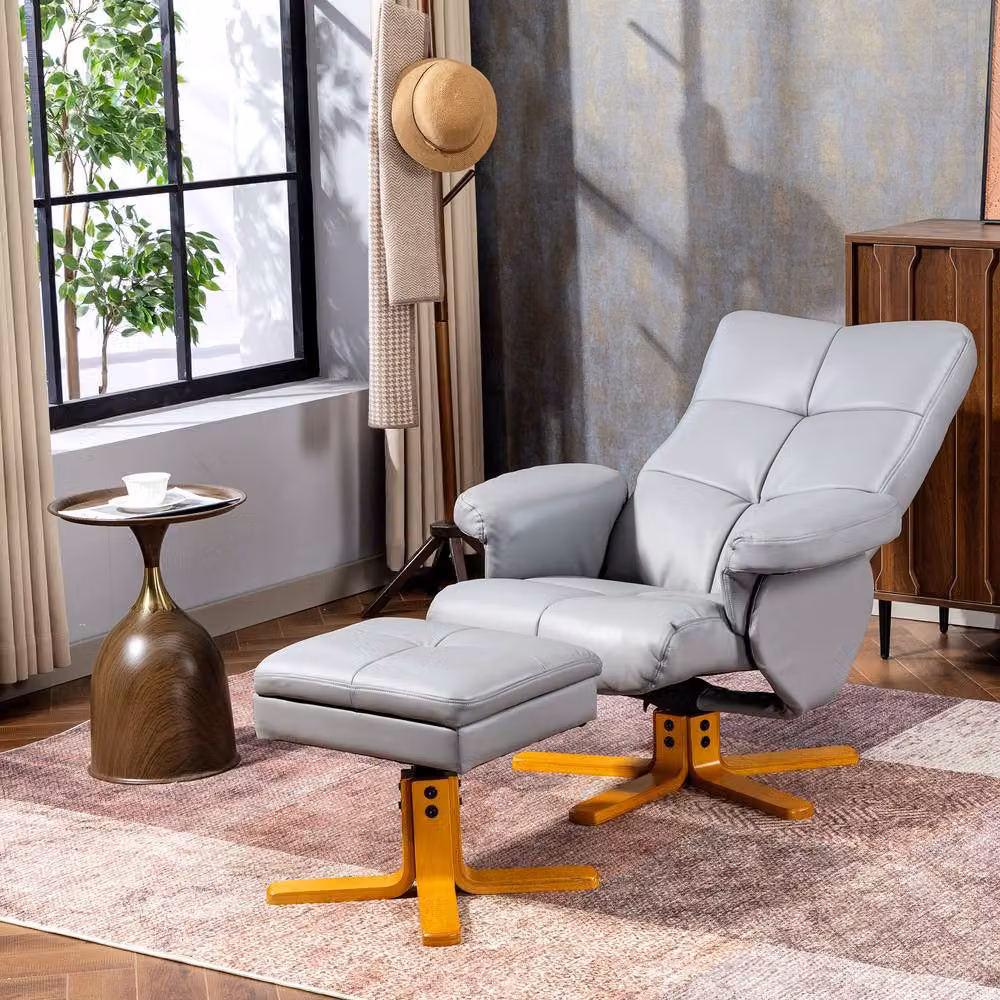 STILVORA Grey Synthetic Leather Recliner Chair with Matching Ottoman and 360 Degree Swivel Function – 2