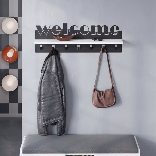Decortie Welcome Wall-Mounted Coat Hanger Shelf with 7 Hooks, White, W: 86 cm, D: 15.2 cm, H: 26.8 cm – 2
