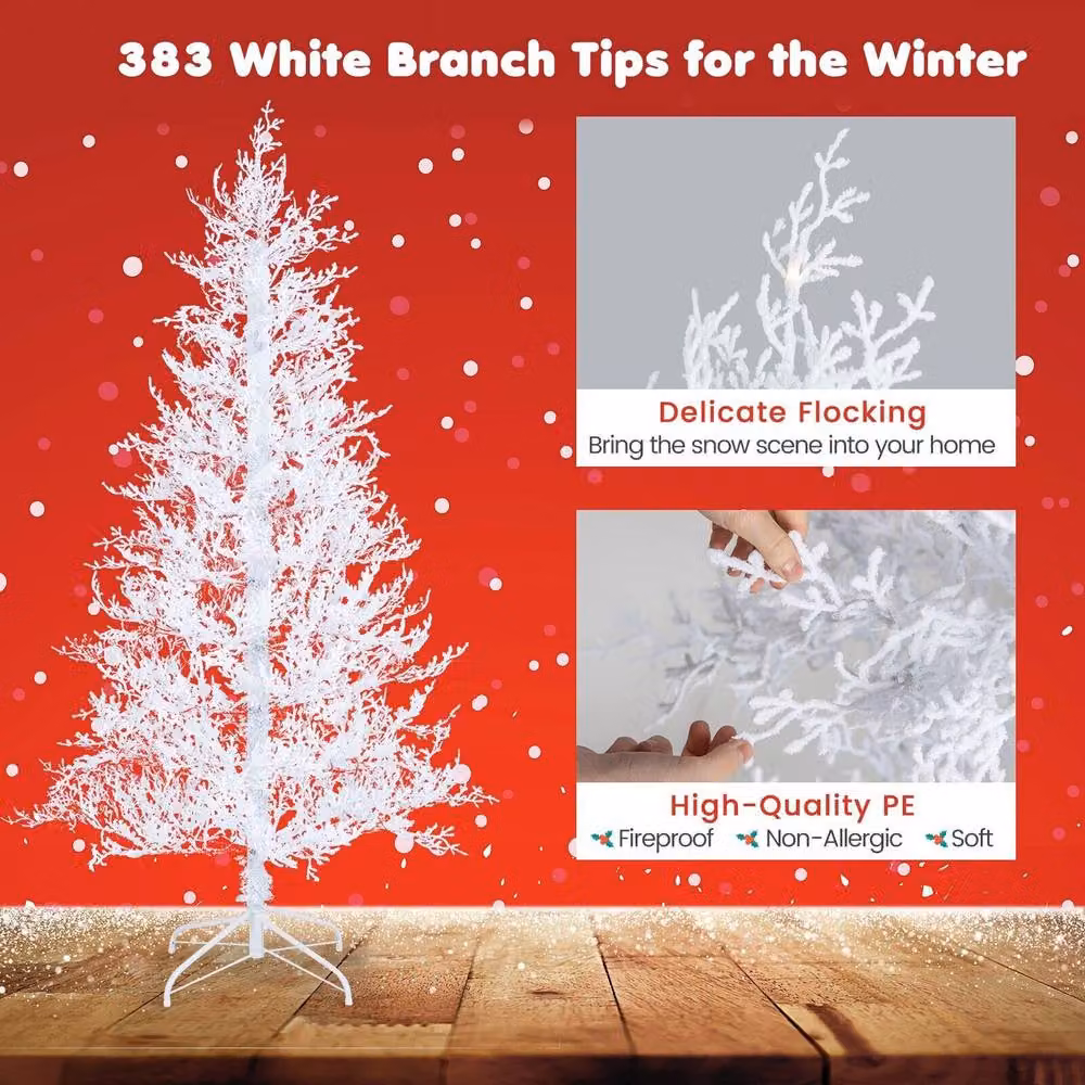 Costway 6ft Pre-Lit Flocked Artificial Christmas Tree with 300 LED Lights in White – 6