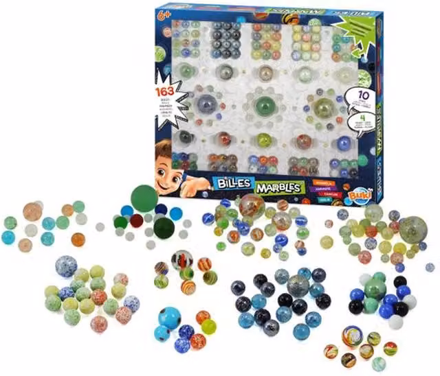 Buki Glass Marbles, 163 Pieces, Multicolour and White