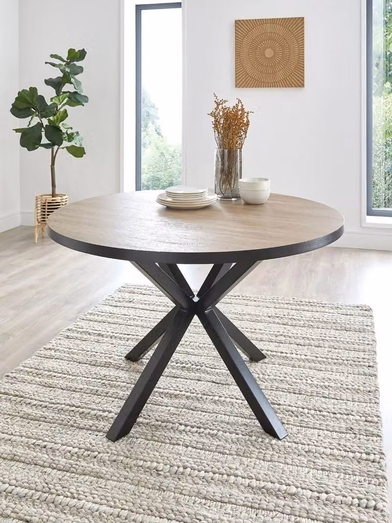 Oslo Round Dining Table in Oak and Black Modern Wood and Metal Design, Diameter: 120 cm, Height: 75.8 cm