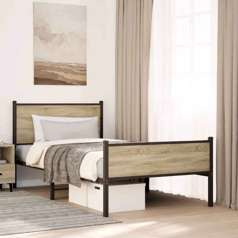 Berkfield Home Metal Bed Frame in Sonoma Oak and Light Brown, W: 100 cm, D: 200 cm – 2