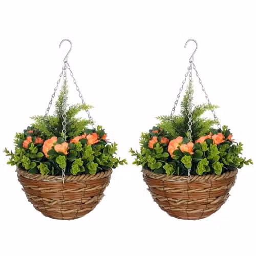 Outsunny Pack of 2 Orange Lisianthus Hanging Baskets with Realistic PE Rattan – 1