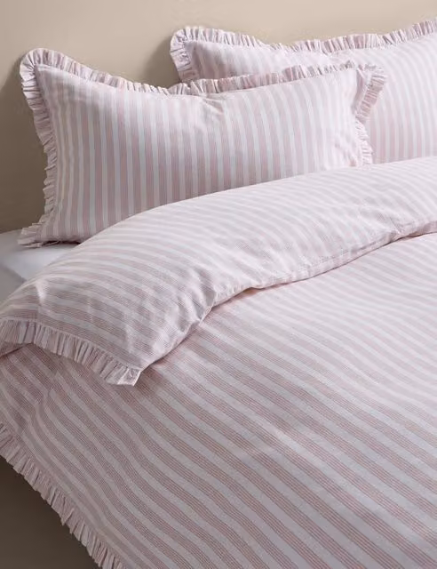 M&S Pure Cotton Narrow Stripe Ruffle Bedding Set in Pink Mix, W: 200 cm x H: 200 cm