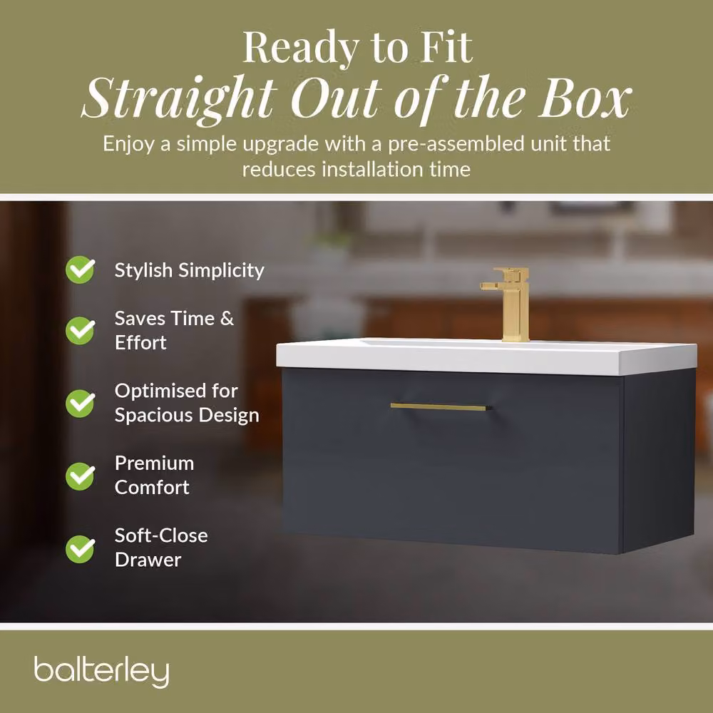 Balterley 800mm Wall Hung 1 Drawer Vanity Basin Unit in Dark Grey with Brass Handle – 4