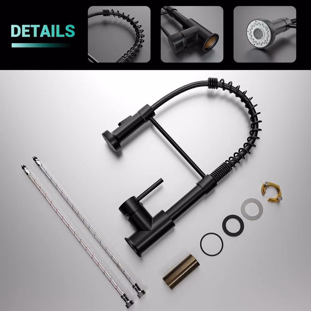 JANLEMNY Matte Black Pull-Down Spring Kitchen Mixer Tap with Dual-Mode Sprayer and Single Lever Control – 6