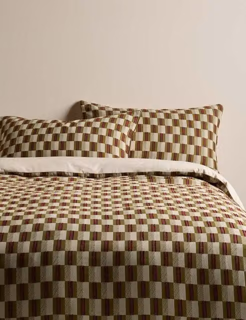 M&S Checkerboard Gauze Jacquard Cotton Bedding Set, Green, W: 140 cm, L: 200 cm