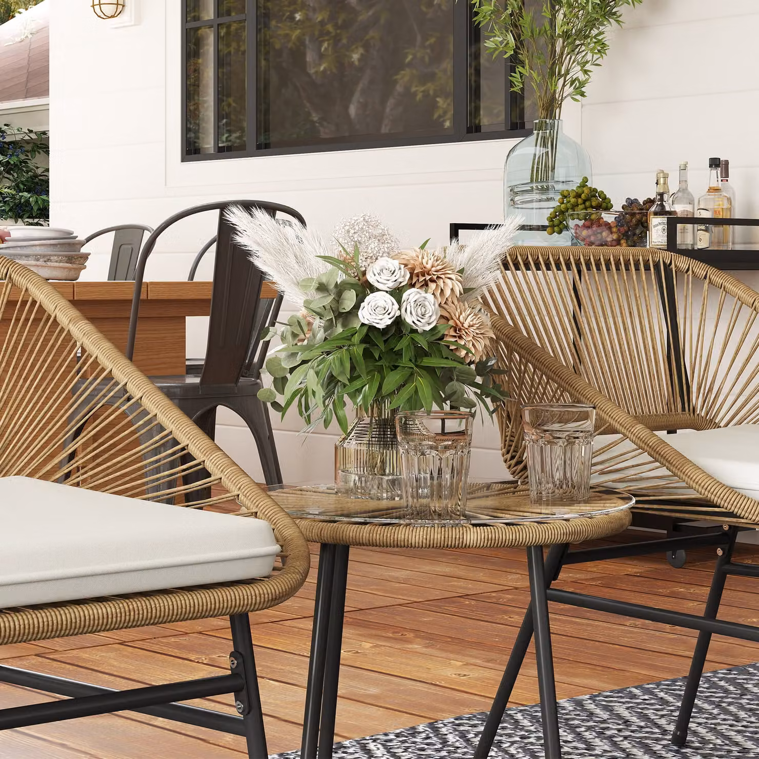Outsunny 3 Piece Rattan Bistro Set with Round Glass Top Table and Chairs in Brown – 5