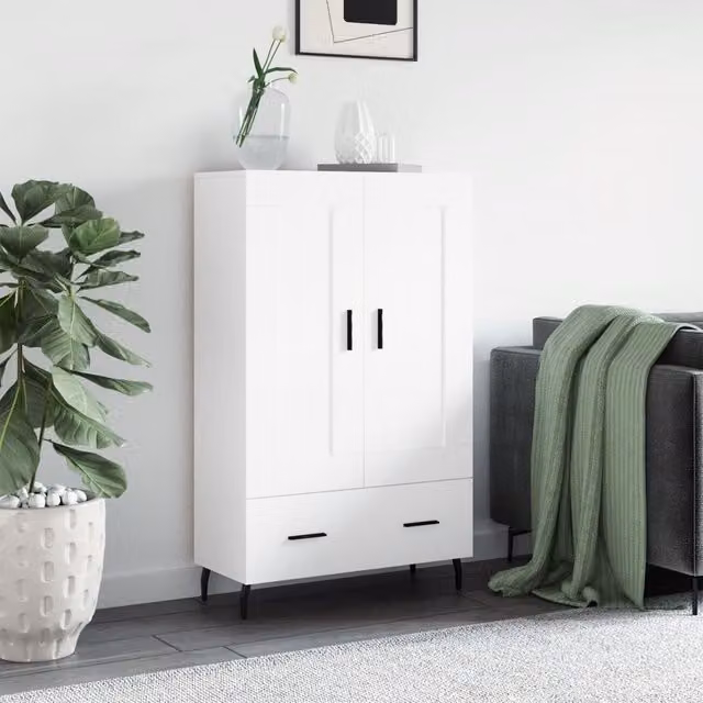 Berkfield Home Modern White Highboard with Hinged Doors and Drawers, W/D/H: 69.5 x 31 x 115 cm