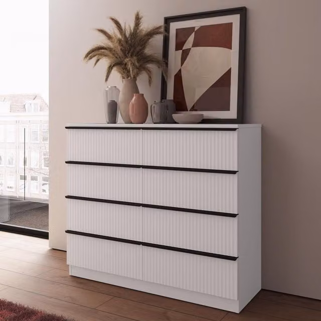 FWStyle 8 Drawer Chest in White with Scalloped Ripple Effect and Scratch Resistant Finish