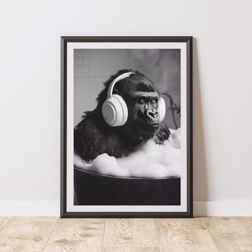 60 Second Makeover Gorilla Headphones Animal Print Paper Poster, Black and White, A3