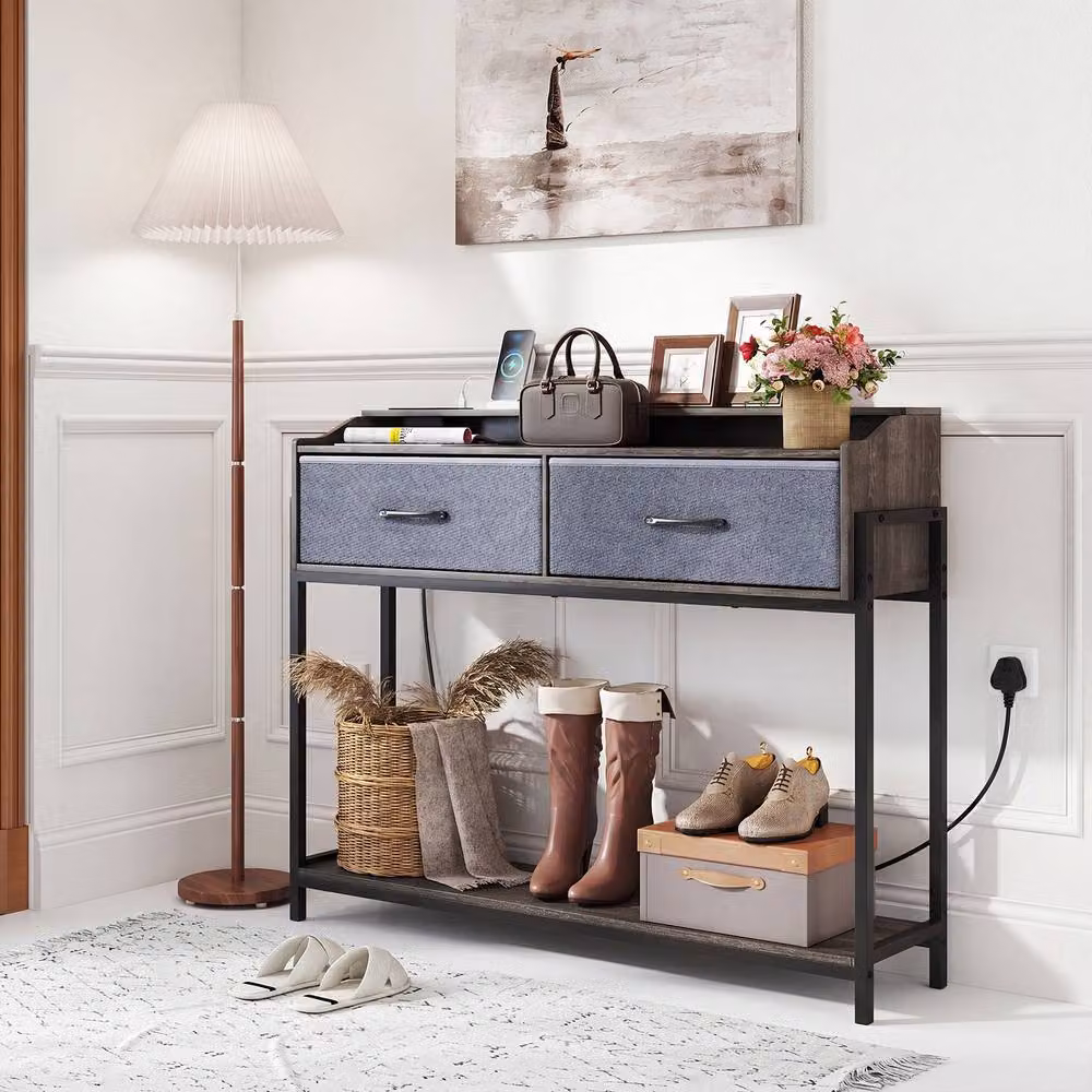 Costway Grey Industrial Console Table with Charging Station and Shelves – 4