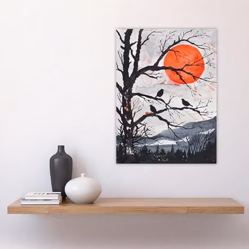 Artery8 Red Winter Sun and Birds on Forest Tree Landscape Wall Art Paper Poster Print – 4