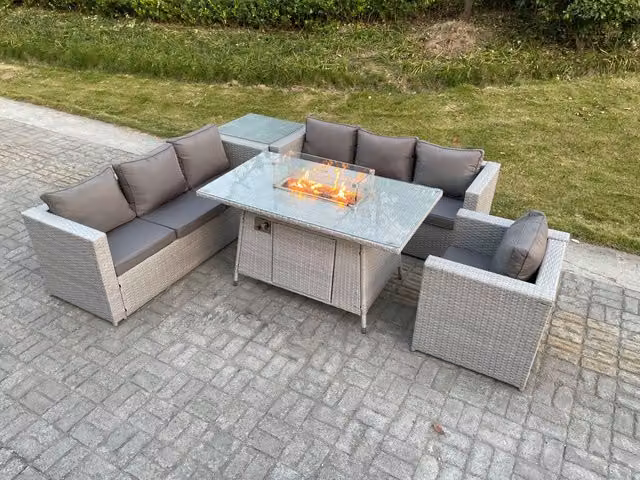 Fimous Light Grey Corner Rattan Garden Furniture Set with Gas Fire Pit Lounge Sofa and Side Coffee Table