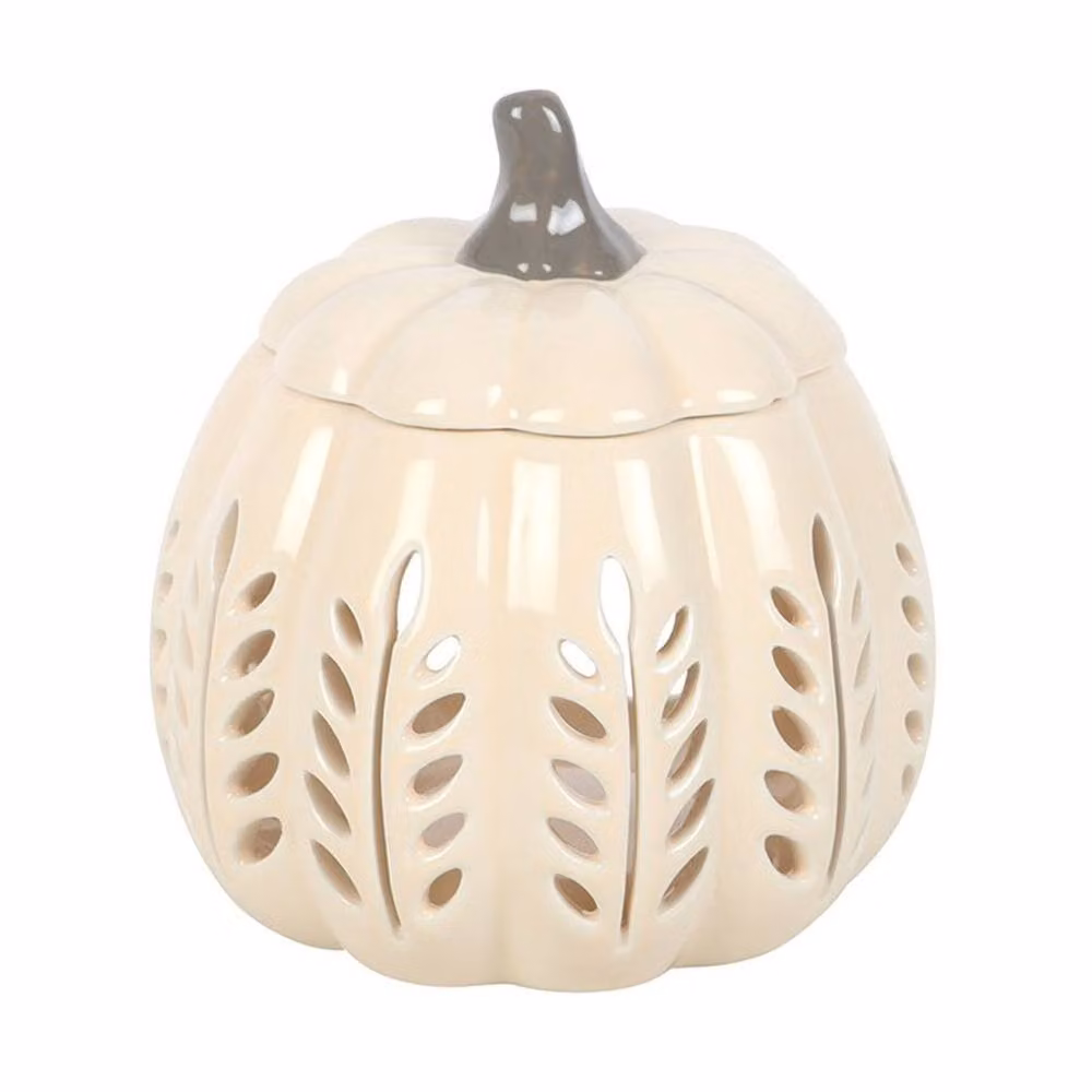 Uniqueful Cream Leaf Cut Out Pumpkin Ceramic Oil Burner and Wax Warmer in Beige – 2