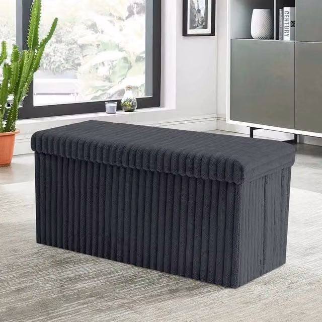VOGREX Charcoal Grey Ribbed Fabric Storage Box Large Capacity Rectangular Ottoman