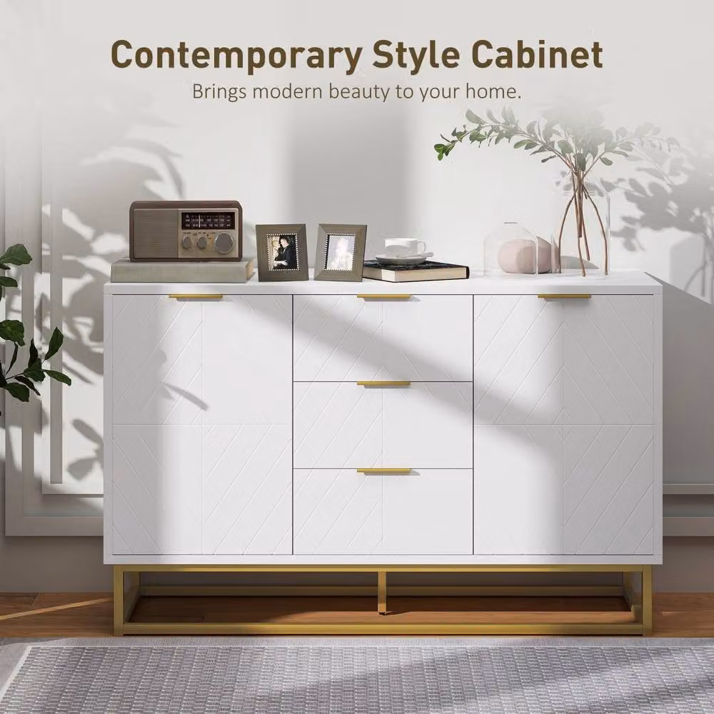Wyld Haus Luka White Sideboard with 3 Drawers and 2 Doors, Gold Accents and Geometric Design, W/D/H: 120 x 40 x 76 cm – 3