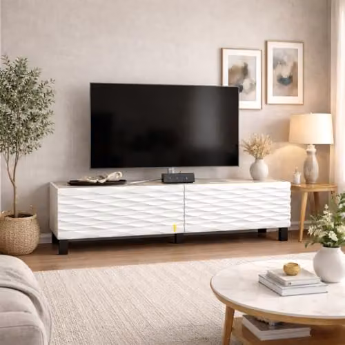 DECOROTIKA Lerze Modern TV Stand with Marble Effect Tabletop and Textured Doors, White, Width: 150 cm