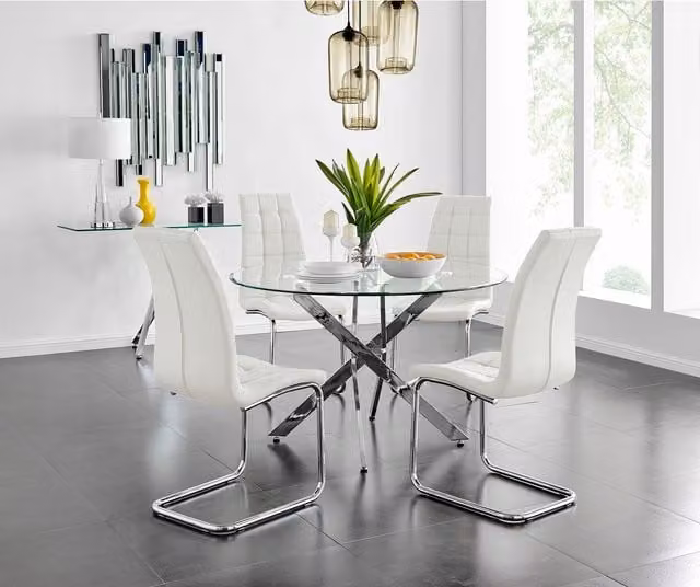 FurnitureboxUK Novara Round Glass Dining Table and 4 Murano Chairs Set in White with Chrome Metal Frame, Diameter: 120 cm