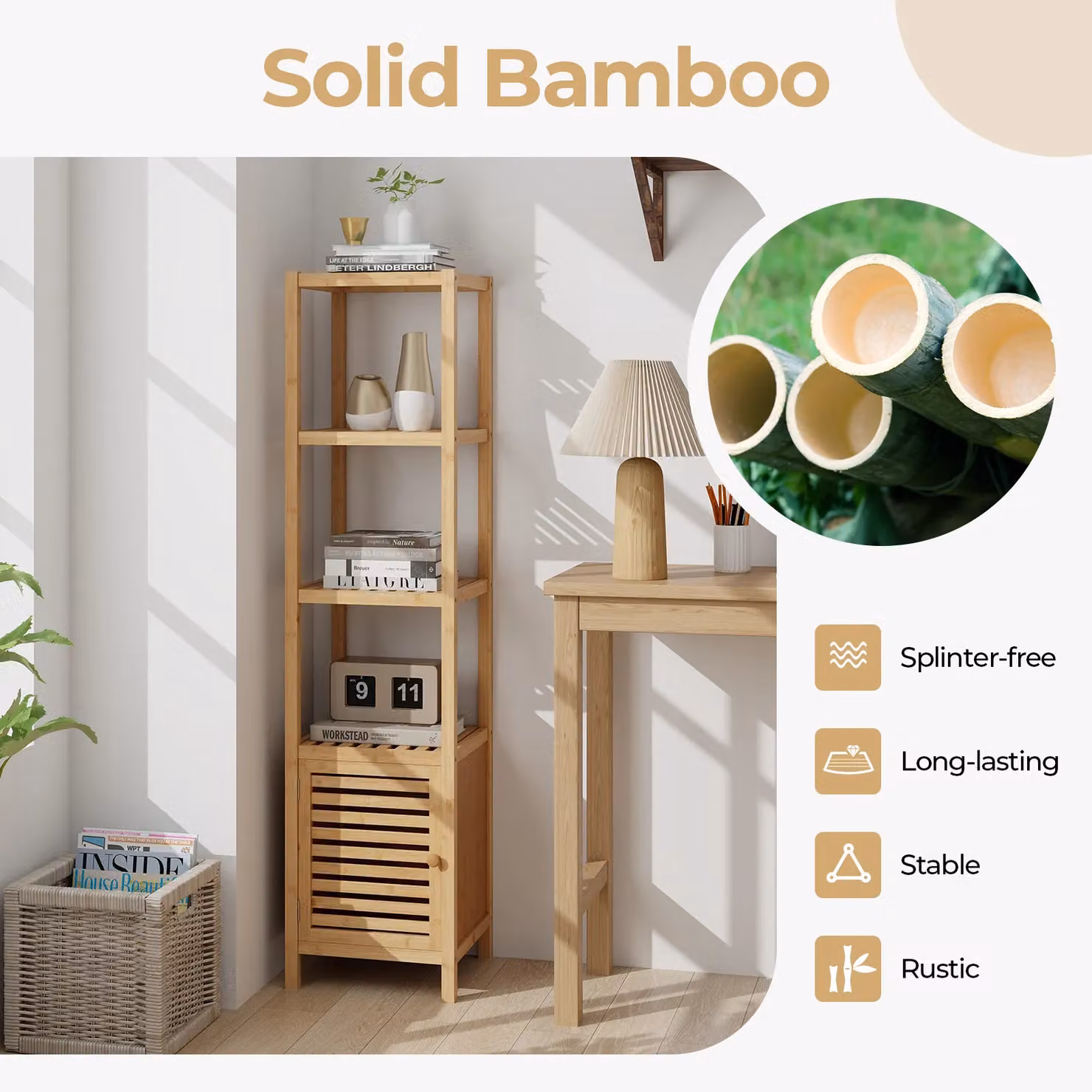 Gymax Slim Tower Bathroom Floor Cabinet with Roll Shutter Door in Khaki, Height: 140 cm – 3