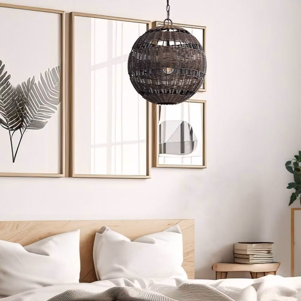 Quoizel Lindendale Spherical Rattan Pendant Light in Brown and Bronze, IP44 Rated for Garden Use, E27 Socket – 2