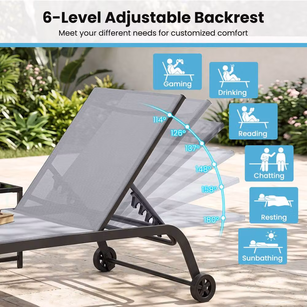 Gymax Set of 2 Grey Outdoor Chaise Lounge Chairs with Wheels and Side Trays – 4
