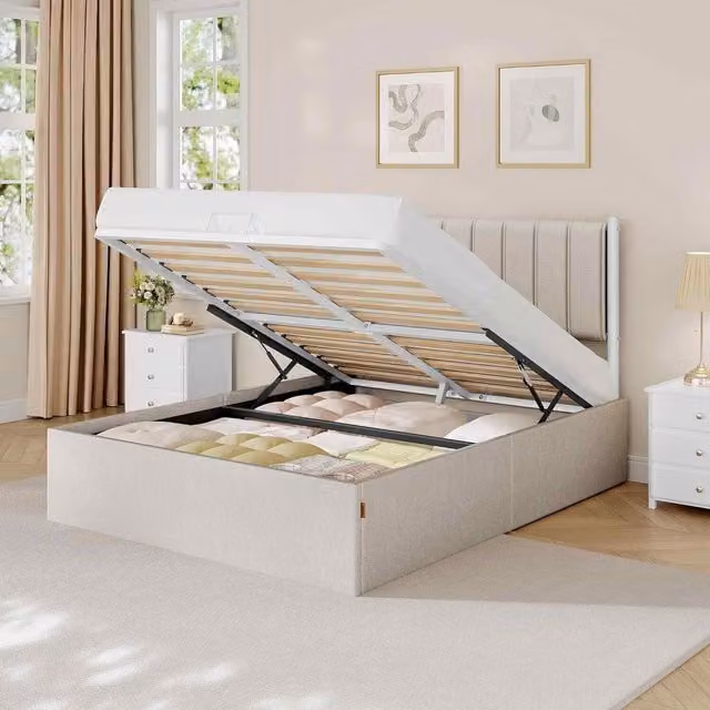The Bazaarist Modern Hydraulic Ottoman Double Bed Frame with Lift-Up Storage in Beige Fabric, W/D/H: 140 x 200 cm