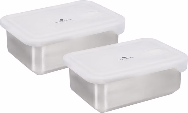 MasterClass All-in-One Set of 2 Stainless Steel Food Containers with Snap Lids, 2 Litre, Silver