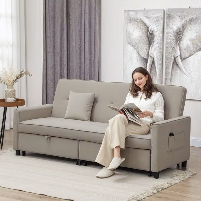 HOMCOM Reversible L-Shaped Velvet Sectional Sofa Bed with Scatter Cushions in Beige