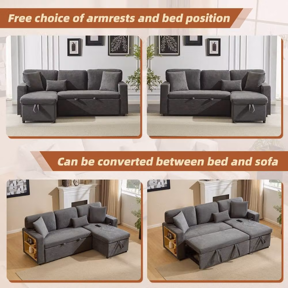 ModernLuxe 3 Seater Reversible L-Shape Corner Sofa Bed with Pull Out Bed, USB Charging and Open Storage in Dark Grey – 5